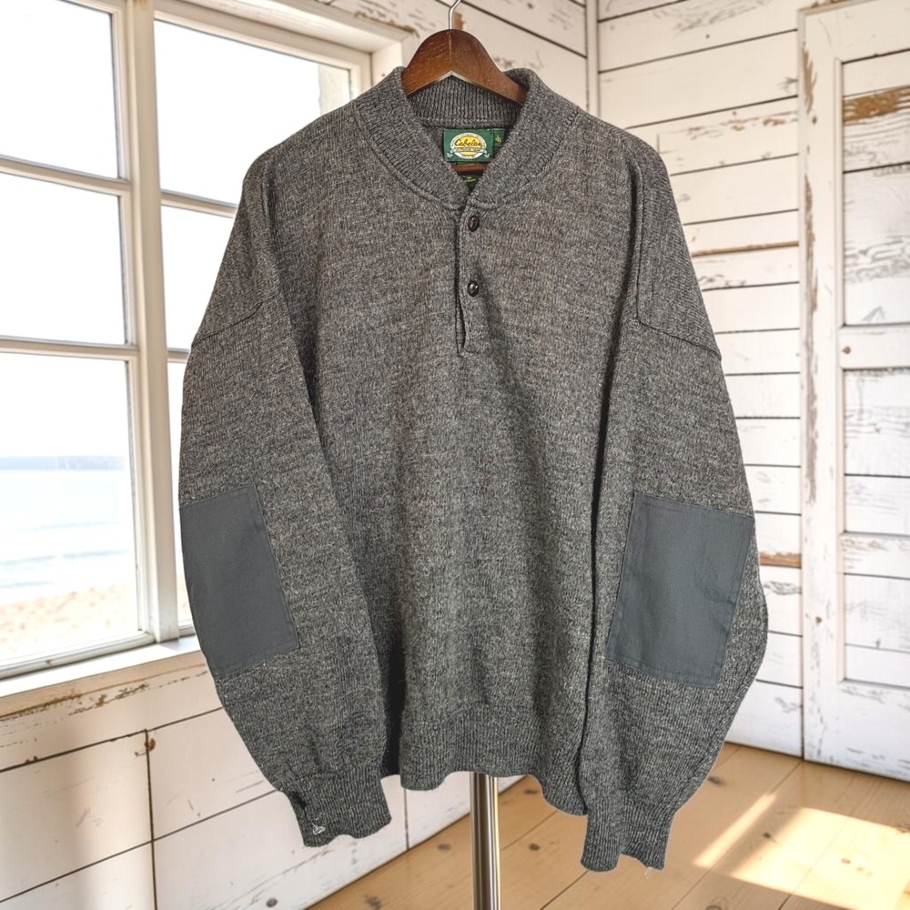 Vintage Henley Sweater Cabelas L Gray Wool Blend Elbow Patches USA Dad Outdoor